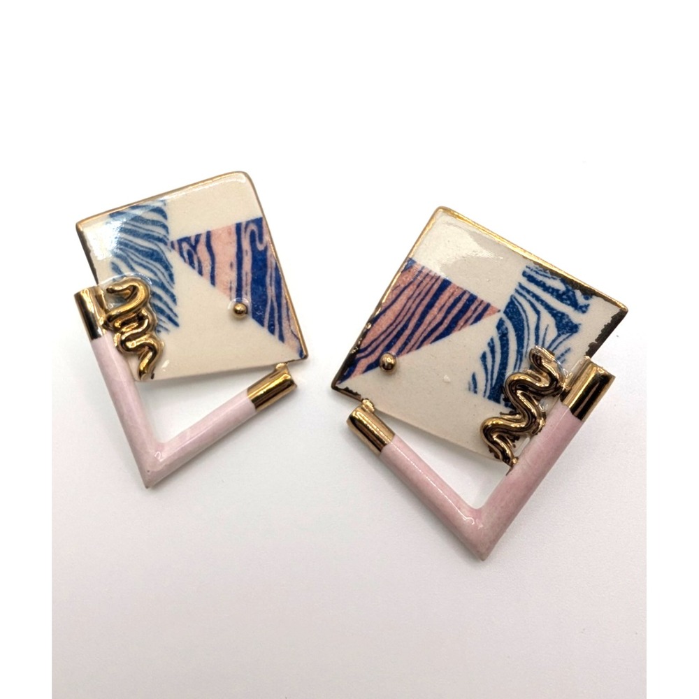 Vintage Porcelain Earrings Pink Blue Gold Geometric 1980s Style Wearable Art